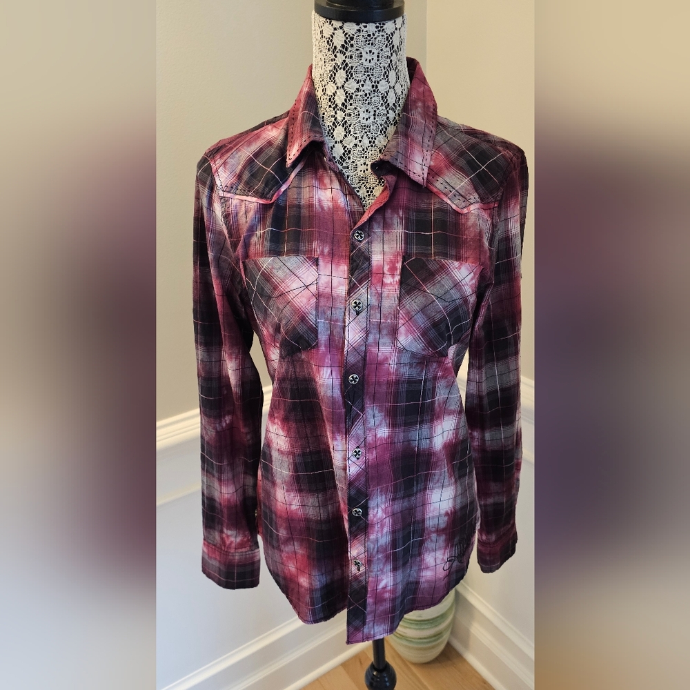 Affliction Button Down Shirt Womens Large  Red Wine Black Long Sleeves